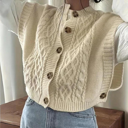 Gilet pull sans manches en maille torsadée à boutons pour femme - Image 1