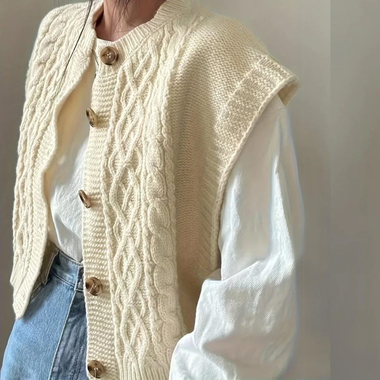 Gilet pull sans manches en maille torsadée à boutons pour femme - Image 3