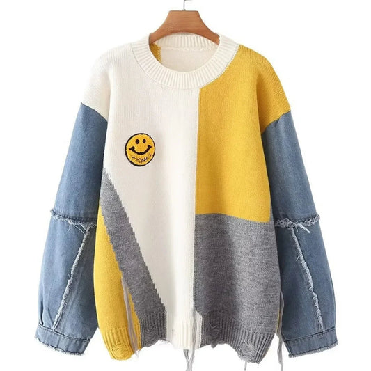 Pull en denim patchwork pour femme - Image 1