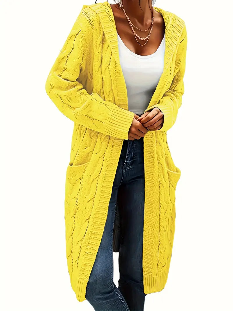 Cardigan Long Tricot Câblé à Capuche pour Femme - Image 17