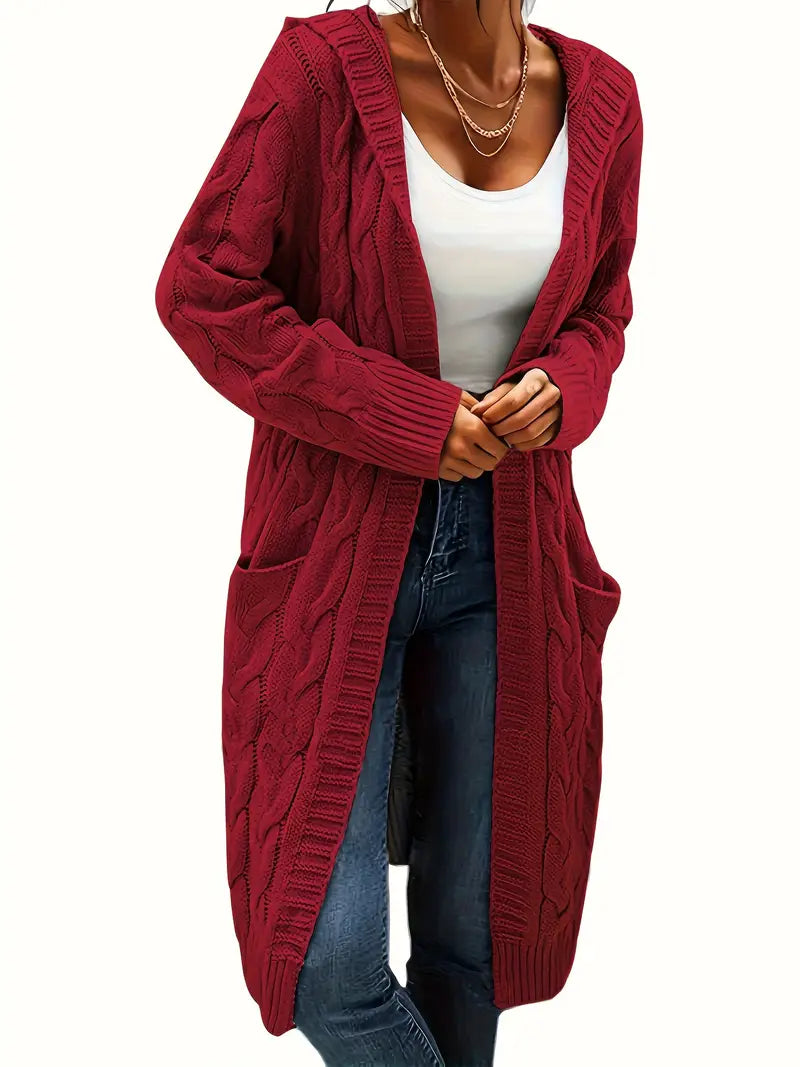 Cardigan Long Tricot Câblé à Capuche pour Femme - Image 1