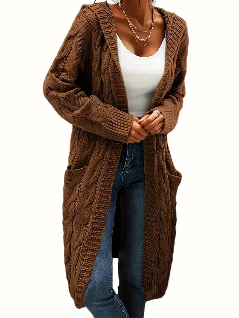 Cardigan Long Tricot Câblé à Capuche pour Femme - Image 8