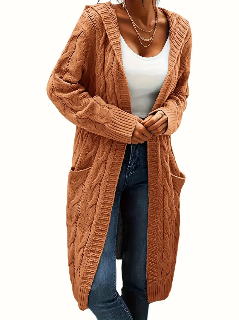 Cardigan Long Tricot Câblé à Capuche pour Femme - Image 16