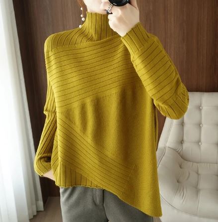 Pull asymétrique côtelé à col roulé pour femme - Image 1