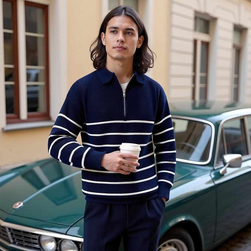 Pull rayé à quart de fermeture éclair pour homme - Image 2