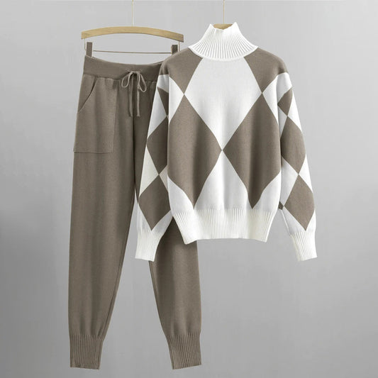 Ensemble pantalon et pull à losanges pour femme - Image 1