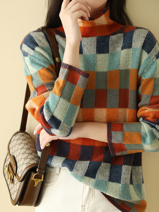 Pull en Tricot à Carreaux à Manches Longues pour Femme - Image 1
