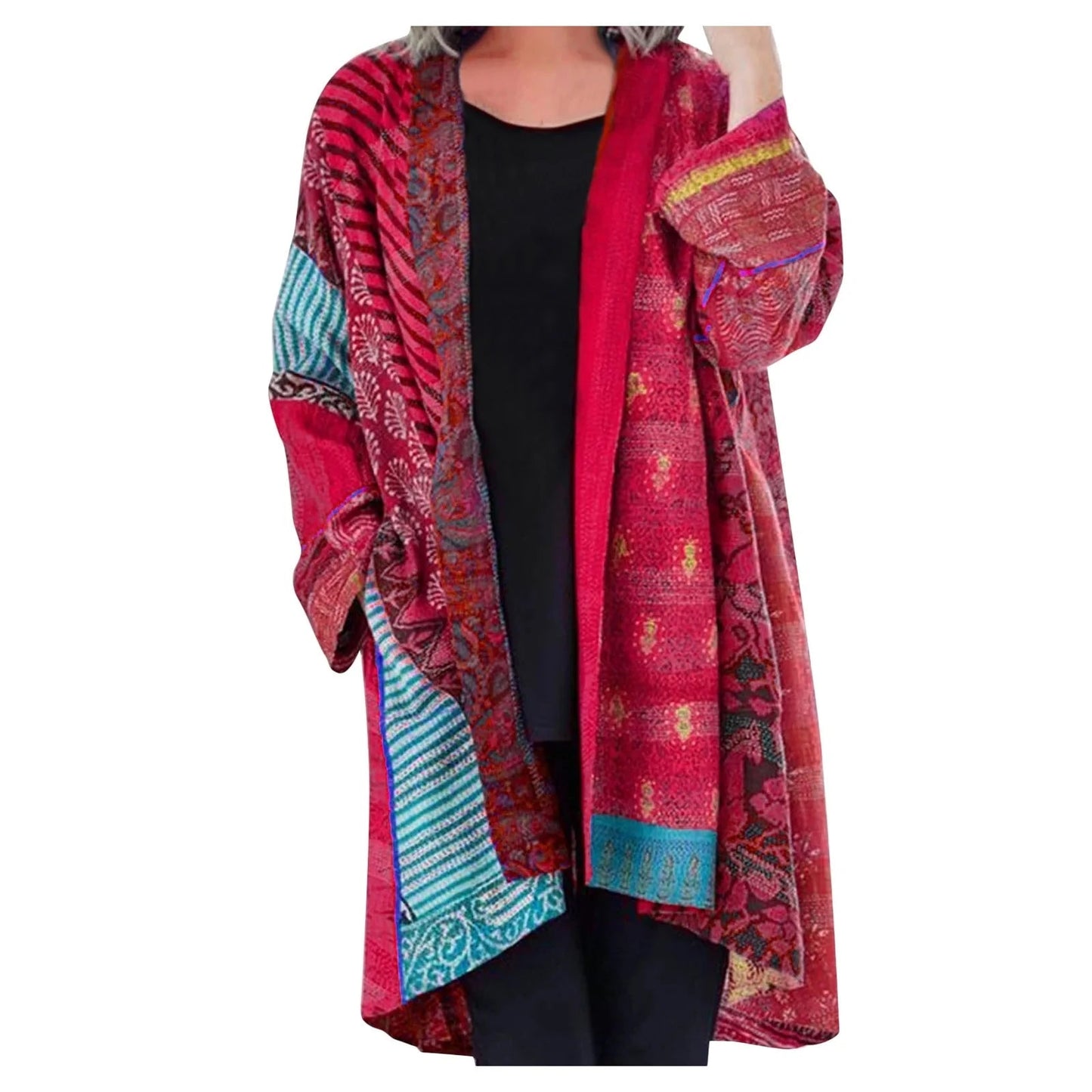 Manteau patchwork ouvert sur le devant pour femme - Image 3