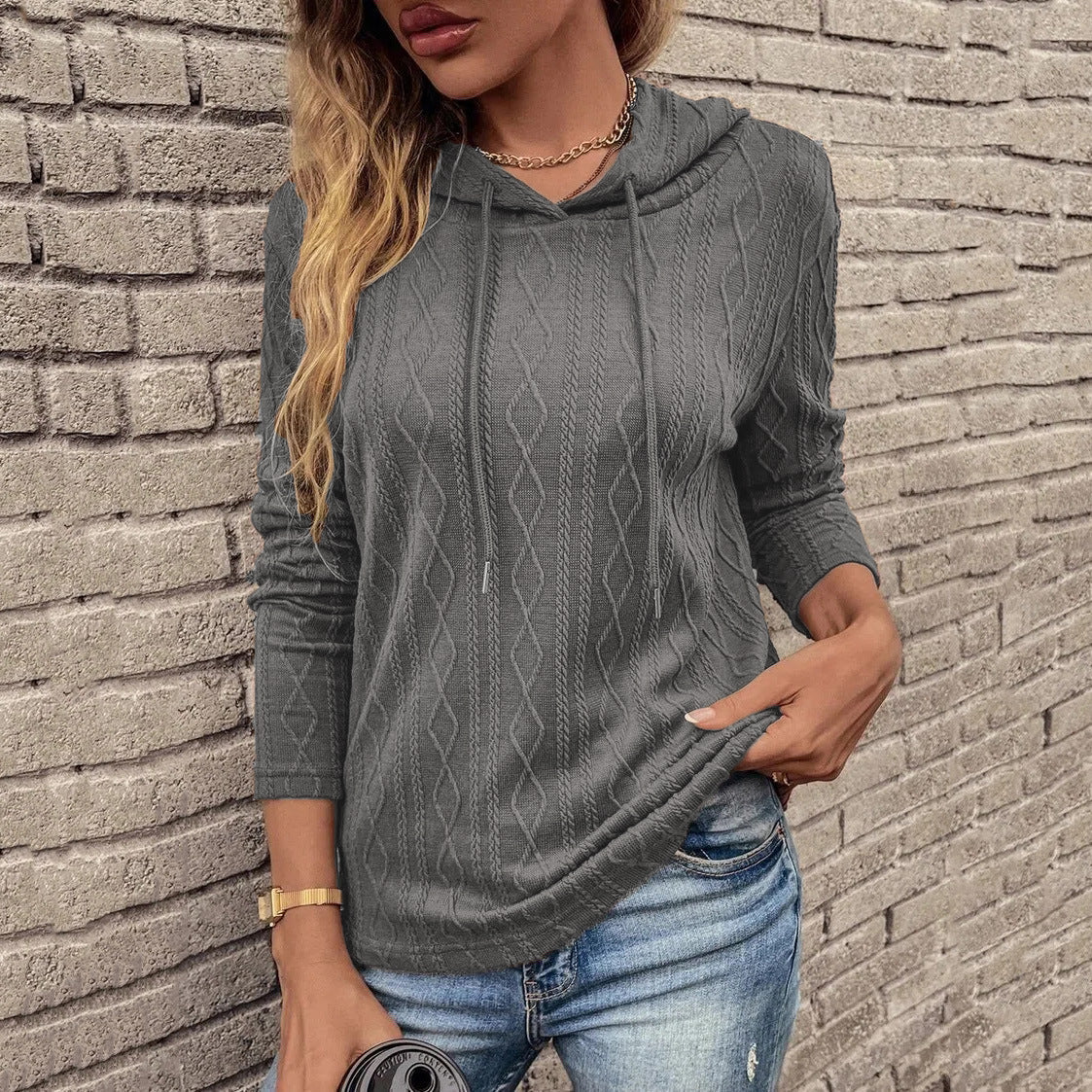 Sweat à capuche texturé à manches longues pour femme - Image 2