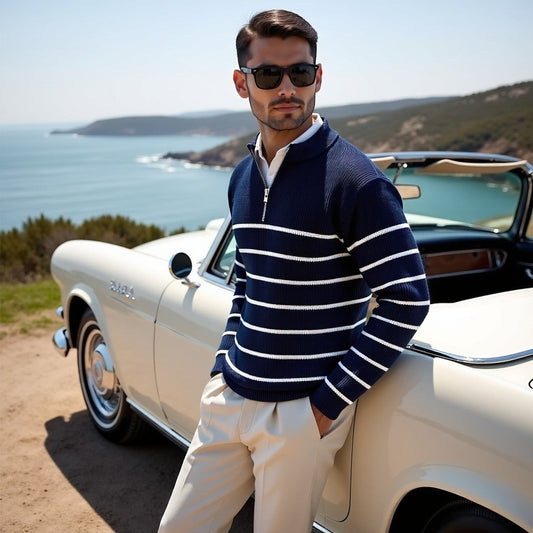 Pull rayé à quart de fermeture éclair pour homme - Image 1
