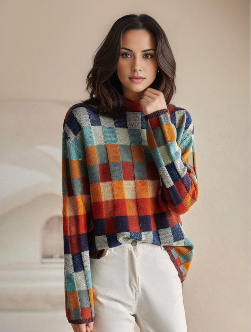 Pull en Tricot à Carreaux à Manches Longues pour Femme - Image 7