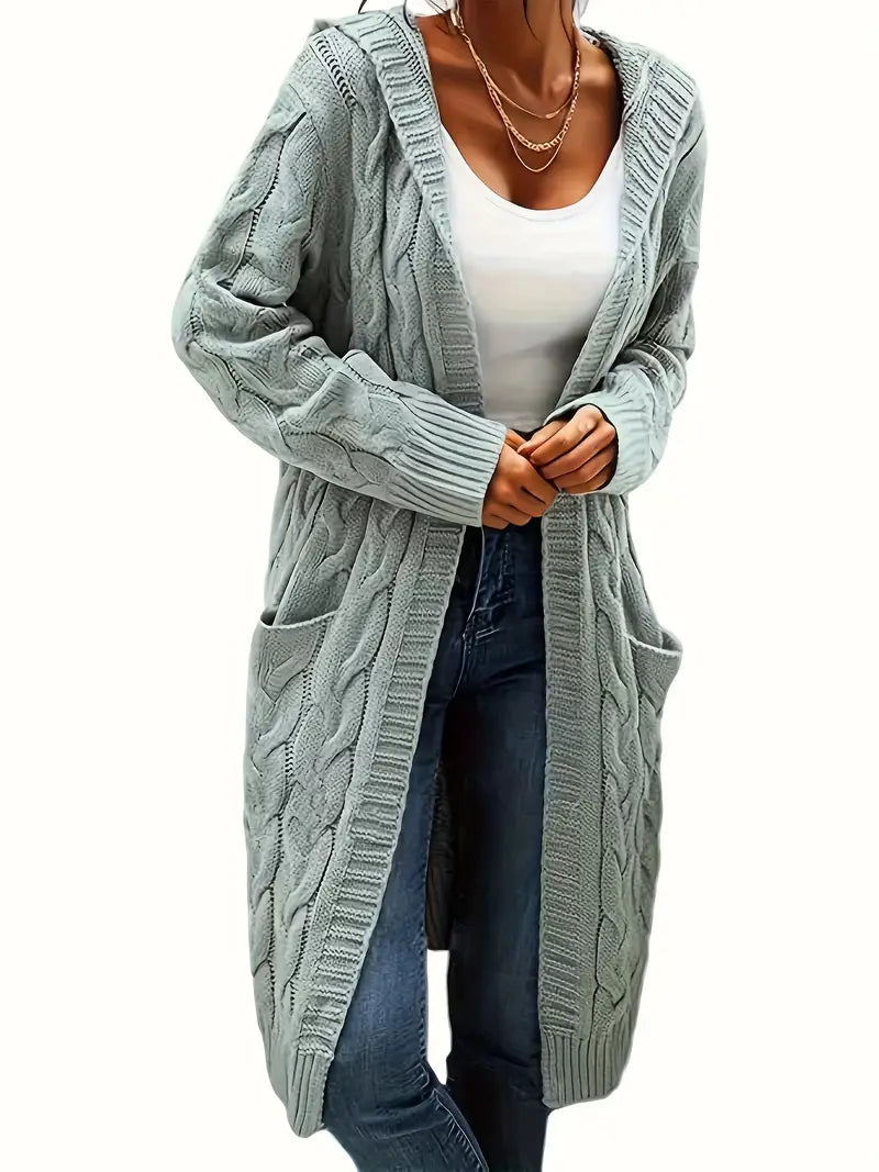 Cardigan Long Tricot Câblé à Capuche pour Femme - Image 14