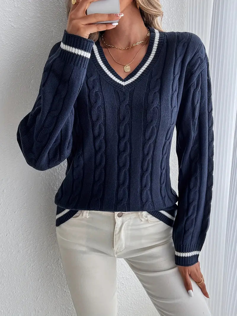 Pull Femme Col V Tricot Câble - Image 1