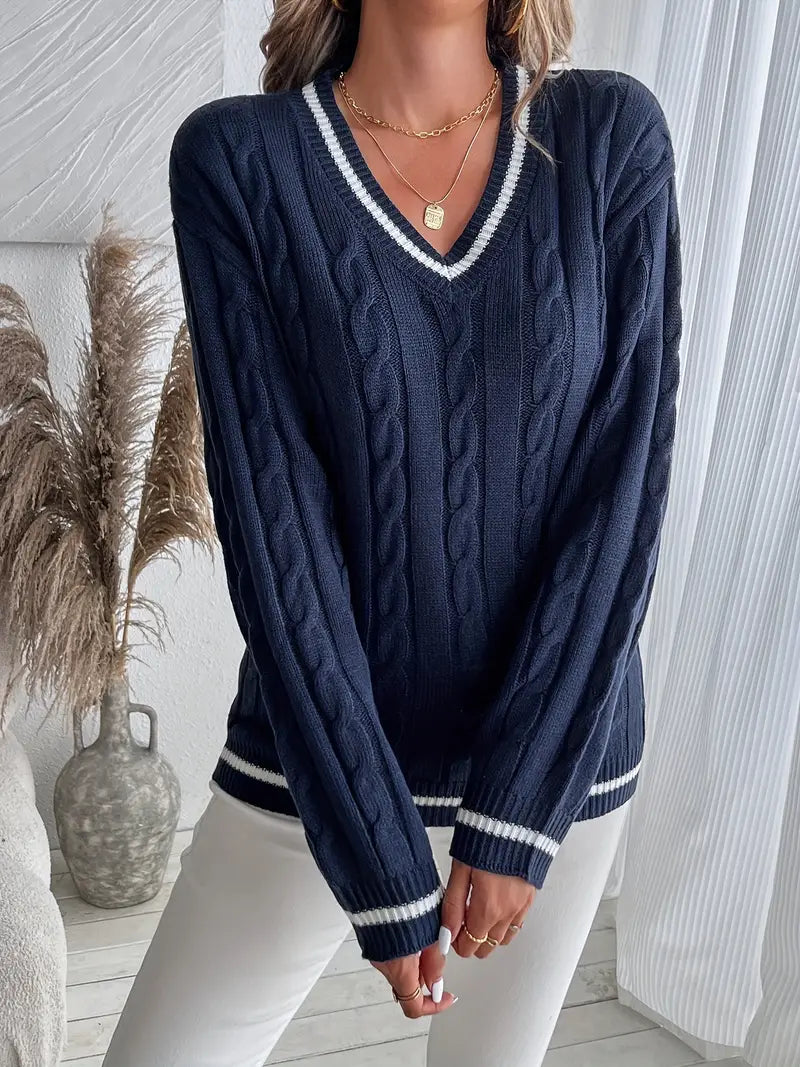 Pull Femme Col V Tricot Câble - Image 2