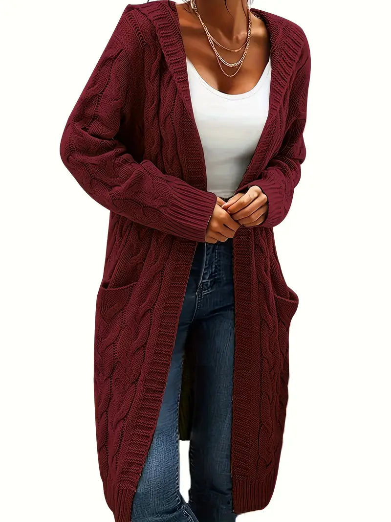Cardigan Long Tricot Câblé à Capuche pour Femme - Image 13