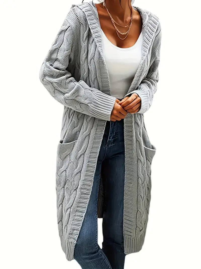 Cardigan Long Tricot Câblé à Capuche pour Femme - Image 5
