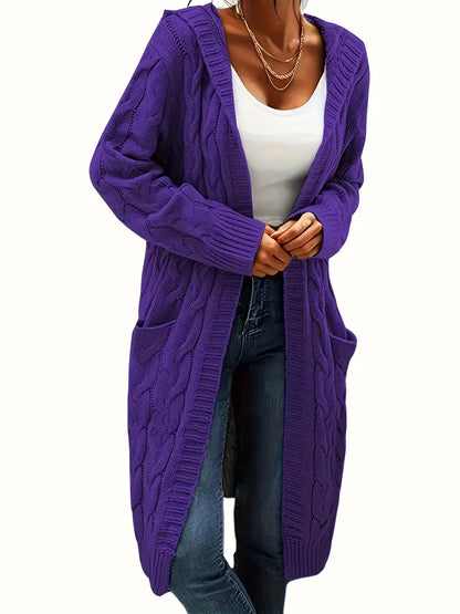 Cardigan Long Tricot Câblé à Capuche pour Femme - Image 19