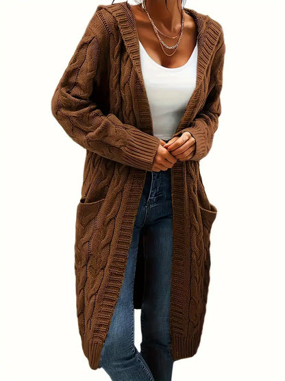 Cardigan Long Tricot Câblé à Capuche pour Femme - Image 8