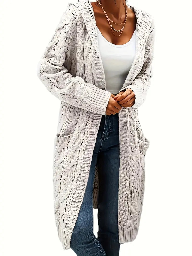 Cardigan Long Tricot Câblé à Capuche pour Femme - Image 11