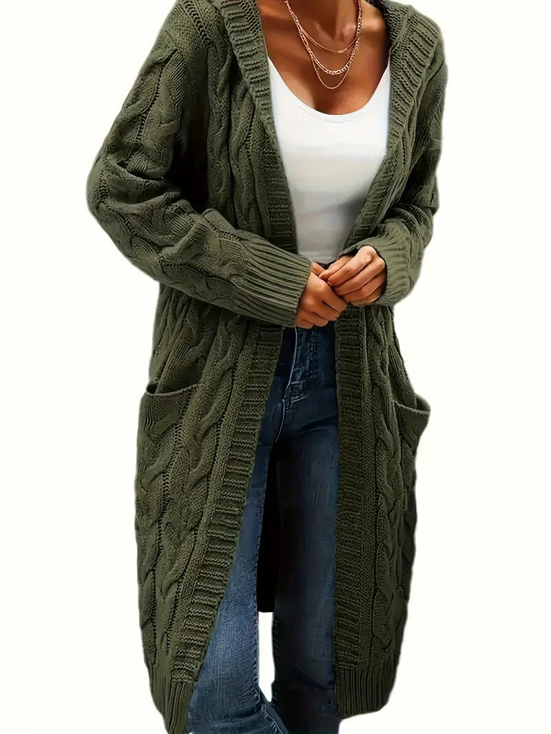 Cardigan Long Tricot Câblé à Capuche pour Femme - Image 10