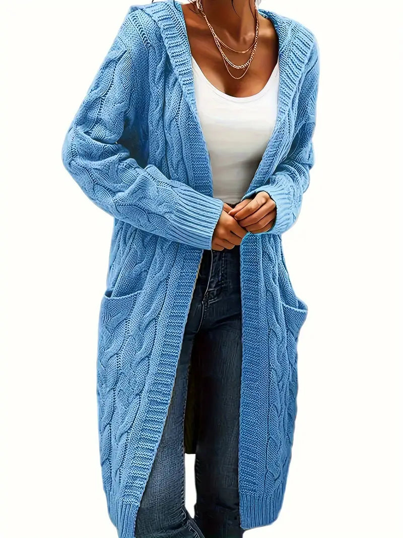 Cardigan Long Tricot Câblé à Capuche pour Femme - Image 12