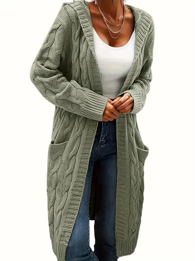 Cardigan Long Tricot Câblé à Capuche pour Femme - Image 4