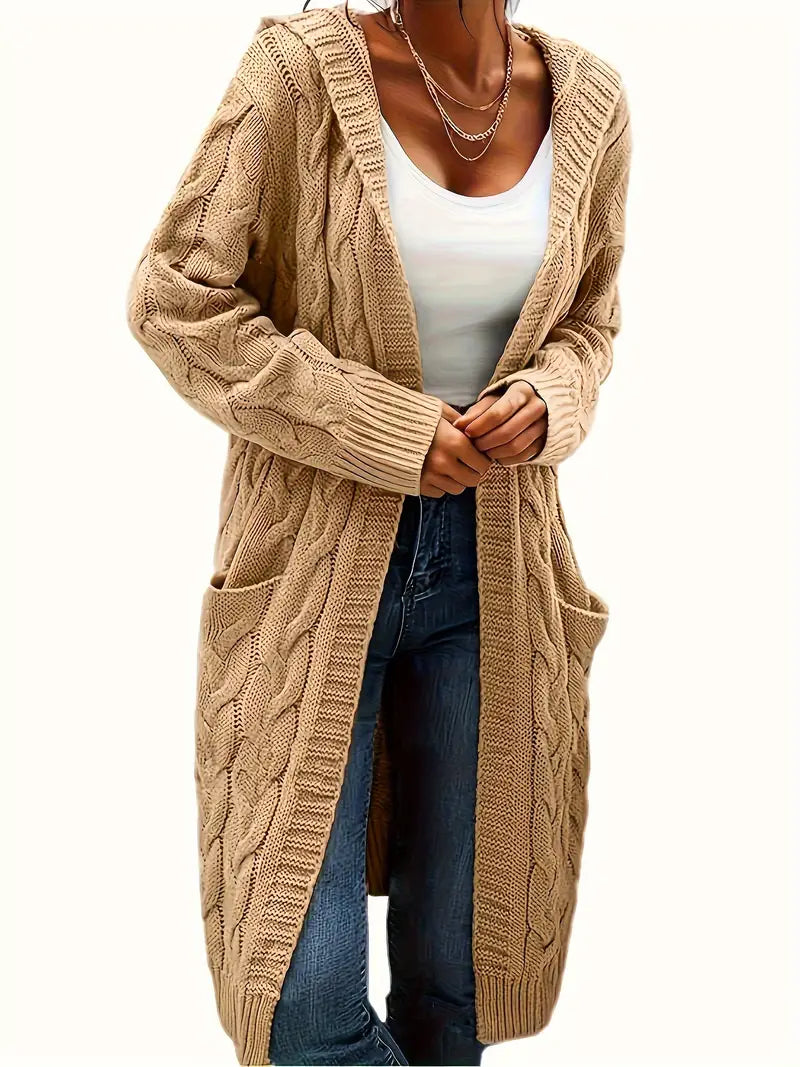 Cardigan Long Tricot Câblé à Capuche pour Femme - Image 7