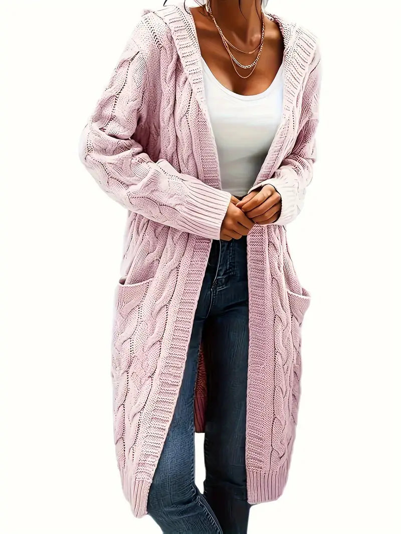 Cardigan Long Tricot Câblé à Capuche pour Femme - Image 9