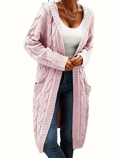Cardigan Long Tricot Câblé à Capuche pour Femme - Image 9