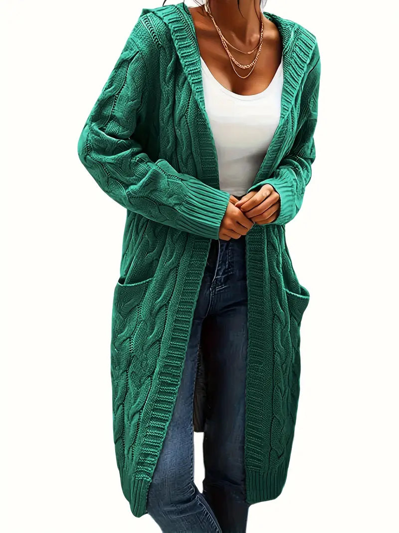 Cardigan Long Tricot Câblé à Capuche pour Femme - Image 18