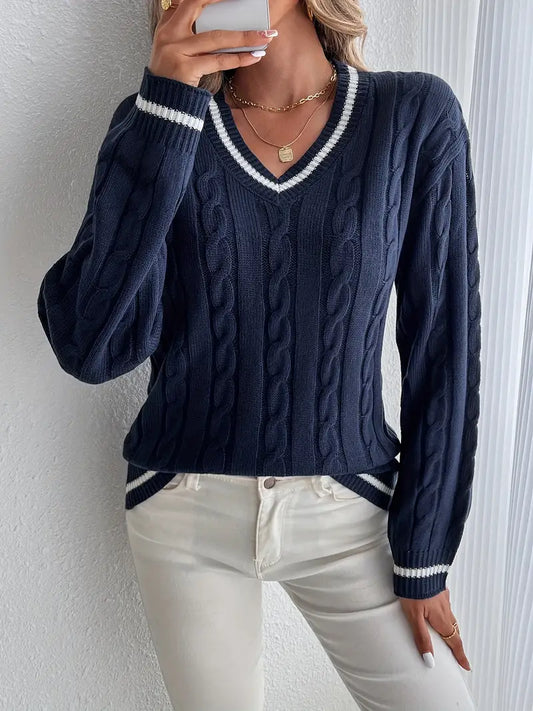 Pull Femme Col V Tricot Câble - Image 1