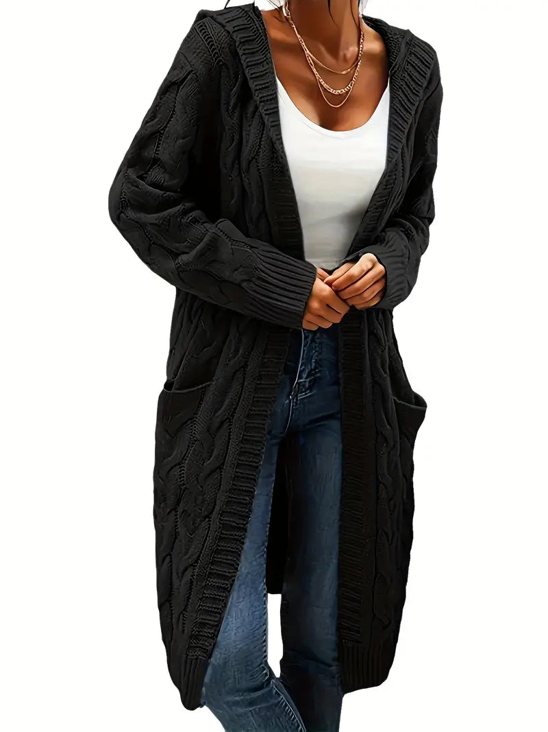 Cardigan Long Tricot Câblé à Capuche pour Femme - Image 2