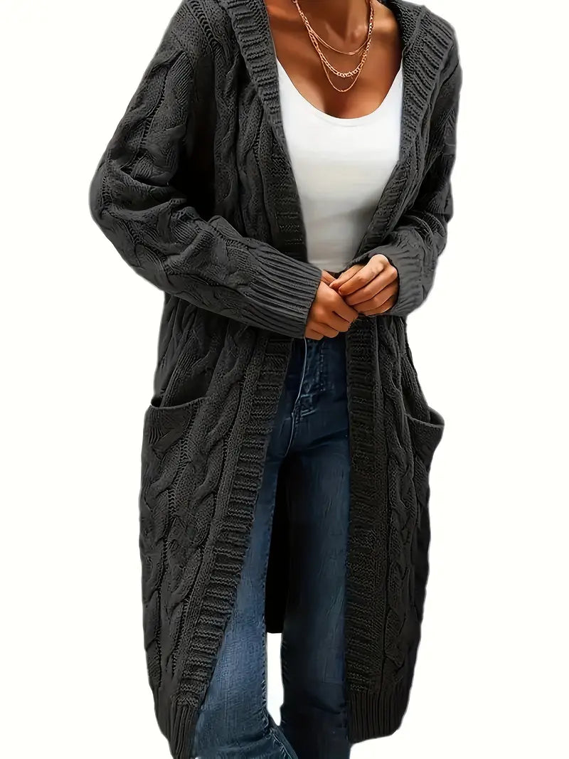 Cardigan Long Tricot Câblé à Capuche pour Femme - Image 6