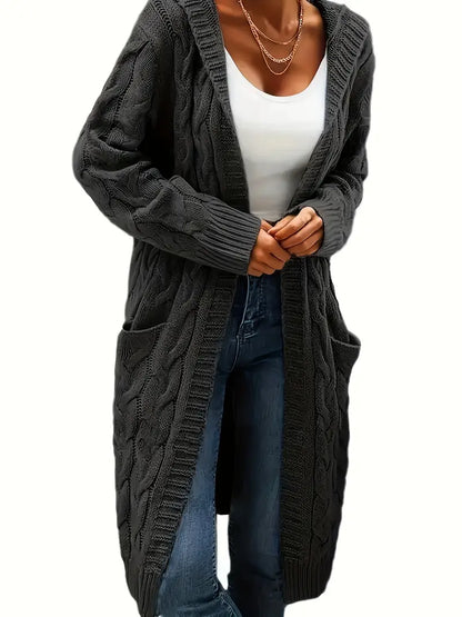 Cardigan Long Tricot Câblé à Capuche pour Femme - Image 6