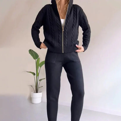 Ensemble Deux Pièces Femme Tricot Câble à Capuche - Image 2