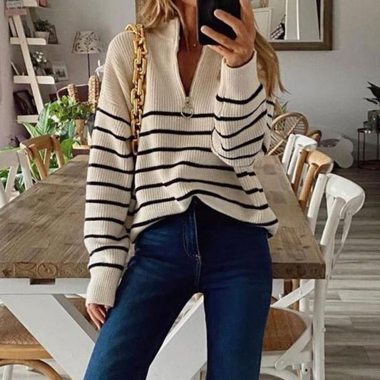 Pull rayé à col zippé 1/4 pour femme - Image 1